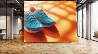 Two blue and orange running shoes are on a tan surface Wall mural