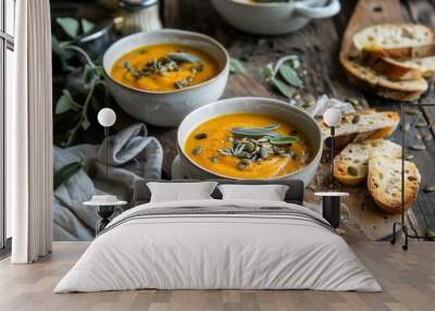 Two bowls of soup with bread on a wooden table Wall mural