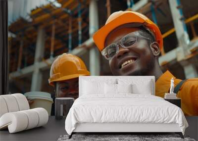 Two construction workers wearing orange hard hats and smiling Wall mural