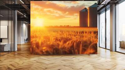 Two large silos are in a field with the sun setting behind them Wall mural