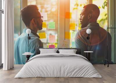 Two men are looking at a wall covered in colorful sticky notes Wall mural