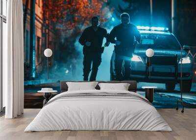 Two men are running away from a police car Wall mural