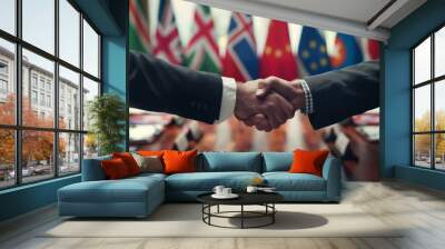 Two men shaking hands in front of a table with flags behind them Wall mural