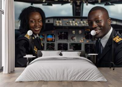 Two pilots, one black and one white, smiling at the camera Wall mural