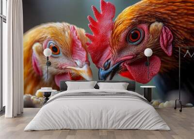 Two vibrant chickens peck at seeds scattered on the ground, their feathers glistening in the soft morning light Wall mural