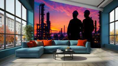 Two workers stand silhouetted against a stunning sunset, with an industrial refinery glowing in the background. The rich colors of dusk create a dramatic sky filled with activity and ambition Wall mural