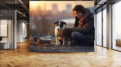 Young caucasian woman wearing warm jacket, scarf and gloves feeding stray abandoned dog near road on street on cold autumn day. Helping homeless Animals, Volunteering, Pets concepts. Wall mural