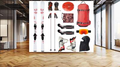 Flat lay of mountain ski equipment and alpine accessories. Helmet, boots, ski goggles, etc. isolated on white background Wall mural