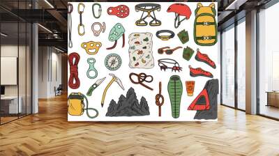 Set of hand-drawn climbing icons isolated on white background. Doodle color vector illustration of equipment, tools and accessories for alpinism and mountaineering Wall mural