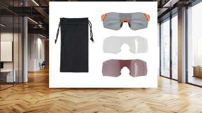 Top view of sport sunglasses with different lenses and case isolated on white background Wall mural