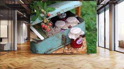 Jam in jars and an old suitcase on a chair Wall mural