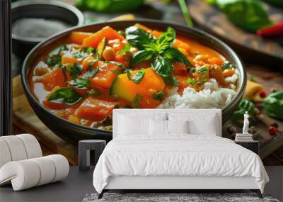 A bowl of vibrant vegetable curry with rice. Wall mural