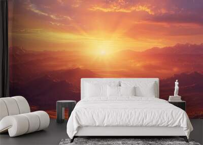 A breathtaking sunrise over a vast, open desert, with the sun rising over the horizon, casting a warm glow over the sand and the distant mountains Wall mural