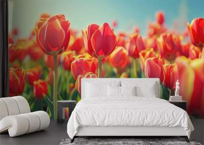 A field of vibrant tulips in full bloom under a clear blue sky. Wall mural