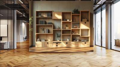 A modular shelving unit that can be arranged in various configurations to fit any space. Wall mural