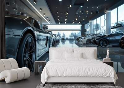 A sleek and modern car dealership with shiny vehicles and friendly salespeople Wall mural