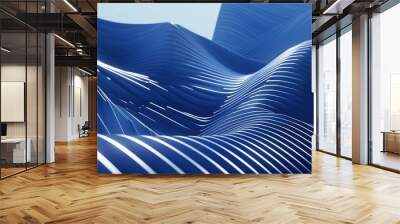 Minimal geometric background. Dynamic blue shapes composition with white lines Wall mural