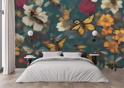 Pollinator Paradise: A vibrant pattern featuring pollinators like bees and butterflies amidst lush floral backgrounds. Wall mural