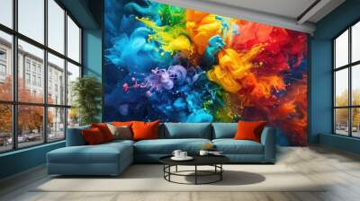 rainbow paint explosion- multicolored splashing swirl painting- abstract artistic colored background Wall mural