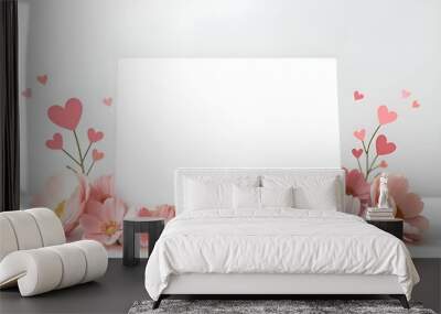 Stand with empty place for text with pink flower and hearts. Copy space. Valentines, wedding day template. Wall mural