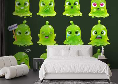 Comic slimy aliens. Funny cartoon green slime characters. Wall mural