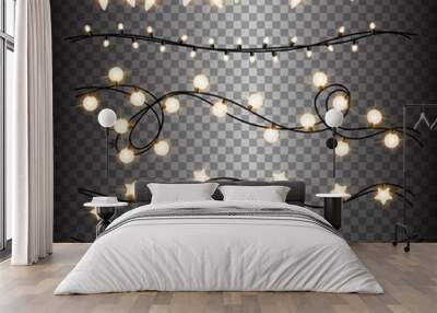 Set of warm light lamps garlands, festive decorations. Glowing christmas lights isolated on transparent background. Vector round, stars and little bulbs. Wall mural