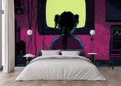 A young girl sits on the floor in front of an old television set with a static screen, surrounded by retro technology, in a dimly lit room. Wall mural