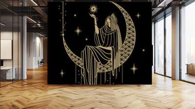 sacral girl on moon keeping star illustration Wall mural