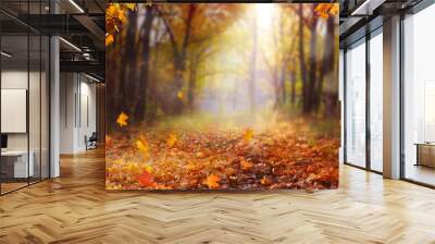 Beautiful autumn landscape with yellow trees and sun. Colorful foliage in the park. Falling  leaves natural background .Autumn season concept Wall mural