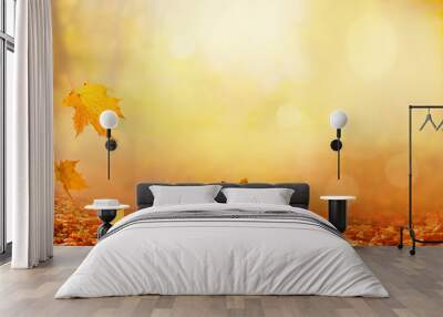 Beautiful autumn landscape with yellow trees and sun. Colorful foliage in the park. Falling leaves natural background Wall mural