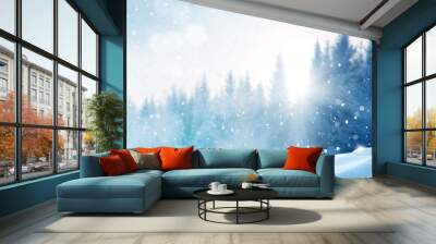 Beautiful winter landscape with snow covered trees.Merry Christmas and happy New Year greeting background with copy-space. Wall mural