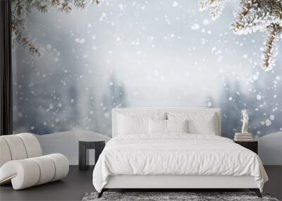 Snowfall in winter forest.Beautiful landscape with snow covered fir trees and snowdrifts.Merry Christmas and happy New Year greeting background with copy-space.Winter fairytale. Wall mural