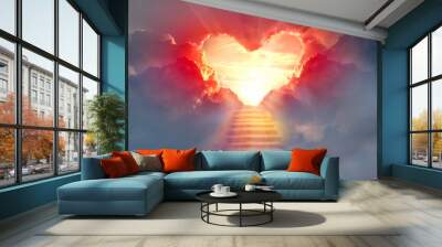 Stairway to Heaven.Stairs in sky.  Concept with sun and clouds.  Religion  background. Red heart shaped sky at sunset. Love background with copy space. Wall mural