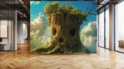 A whimsical character with a hollow head shaped like a tree trunk - Generative AI Wall mural