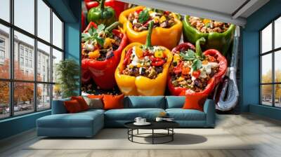 A close-up of colorful bell peppers stuffed with a savory filling and grilled to perfection. Wall mural