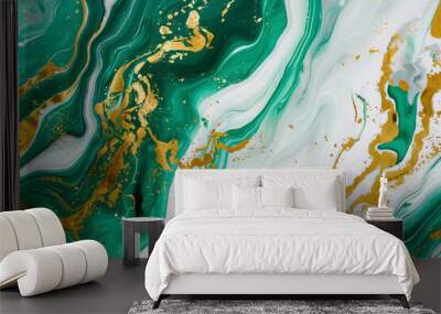 Liquid texture with marble pattern emerald green, black and gold colour Wall mural