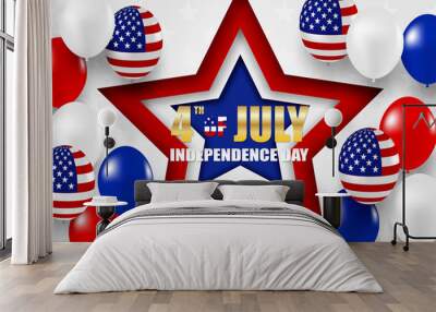 4th of July Happy Independence day USA. Design with white, blue and red balloons and american flag star on white background .Vector. Wall mural