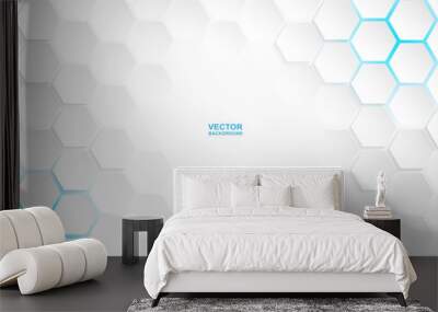 Abstract. Hexagon white background , blue light and shadow. Vector. Wall mural