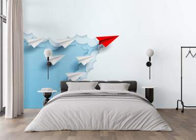 Business  leadership ,financial concept. Red paper plane leadership  to sky go to success goal. paper art style. creative idea. vector ,illustration. Wall mural