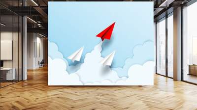 Business  leadership ,financial concept. Red paper plane leadership  to sky go to success goal. paper art style. creative idea. vector ,illustration. Wall mural