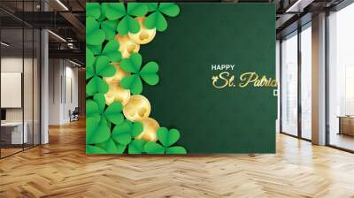 Happy St. Patrick's Day . Design with shamrock ,gold coin on green background. paper art style. Vector. Wall mural