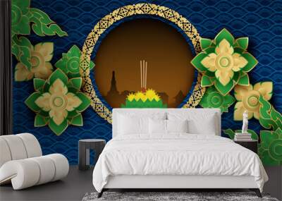 loy kratong thailand festival .design with moon, krathong and river on night background. paper art s Wall mural