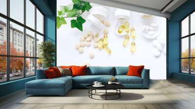 Assorted pharmaceutical medicine vitamins, pills, drugs on white background Wall mural