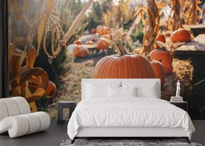 Orange pumpkins sitting on hay bales at a fall festival during sunset Wall mural