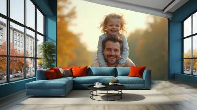 A man holding a little girl on his shoulders, father and daughter. Wall mural