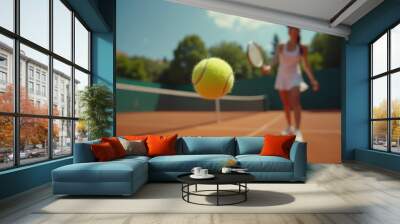 Female tennis player goes for tennis ball on court. Wall mural