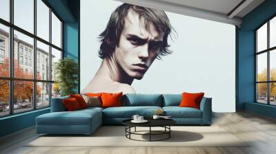  Young nude male in a depressed state caused by depression and anxiety disorders against a background of anorexia. Gray background, space for text Wall mural