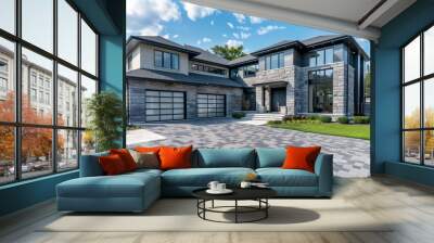 A stunning spacious customized executive home with modern design features grey stone and brick shingles trim interlock driveway and glass garage doors Wall mural