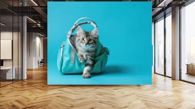 Animal transport bag isolated on blue background for pet travel or vet visits Wall mural