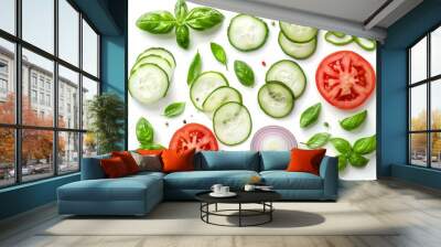 Artistic arrangement of tomato onion cucumber basil Top view Food concept Vegetables on white background Pattern of ingredients Wall mural